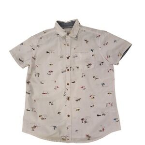 FREE PLANET Mens White All Beach Scene Print Short Sleeve Button Up Shirt Medium